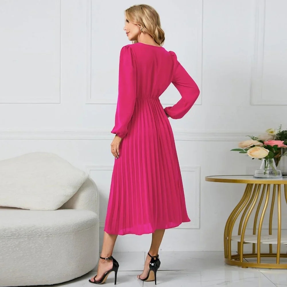Rose Red V Neck Long Sleeve Tie Waist A-Line Midi Dress - Picture 3 of 8